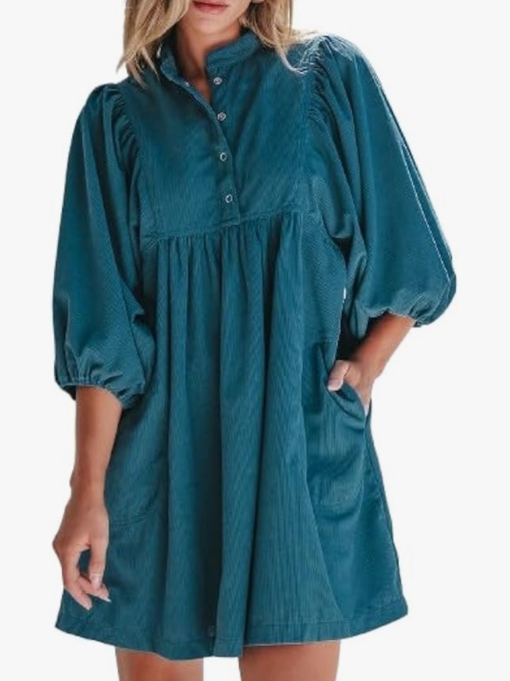 Teal-Blue/Green Corduroy Snap
Buttons Empire Waist Dress | M - Picture 1 of 10